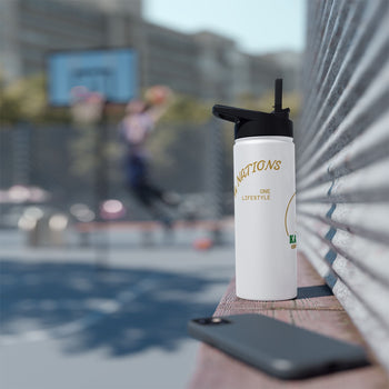 Stylish sports gear water bottle on a bench with a basketball court in the background, promoting Kafe' 54 lifestyle.