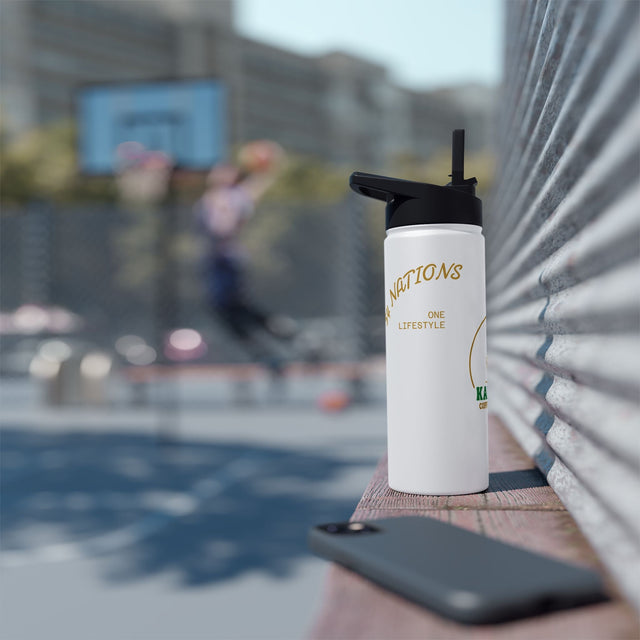 Stylish sports gear water bottle on a bench with a basketball court in the background, promoting Kafe' 54 lifestyle.