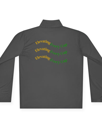 Quarter-Zip Pullover — K54 Logo & Elevating Back Design in gray with unique text pattern on the back.