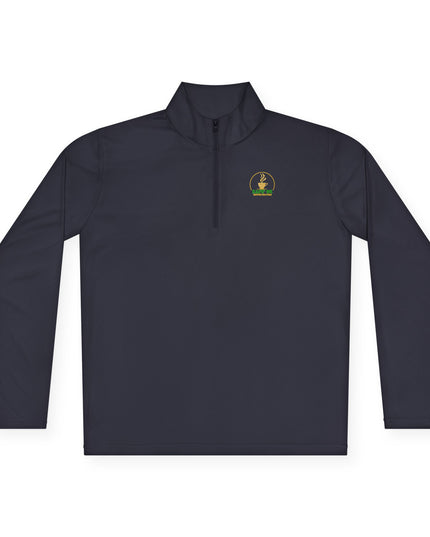 Quarter-Zip Pullover K54 Logo Embrace Back Design in dark color with logo detail.
