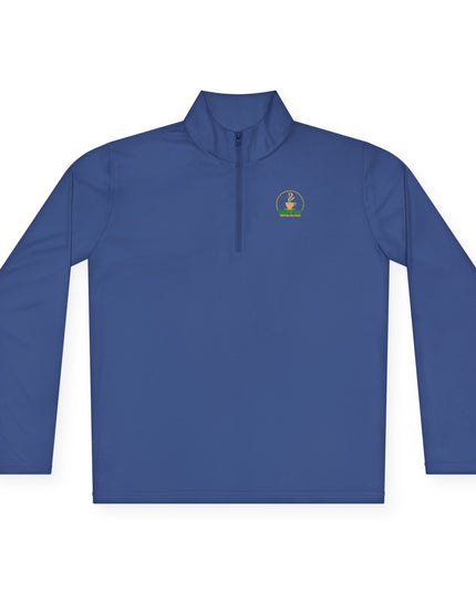 Quarter-Zip Pullover K54 Logo 54 Nations Back Design in blue with smooth polyester fabric and a cadet collar.