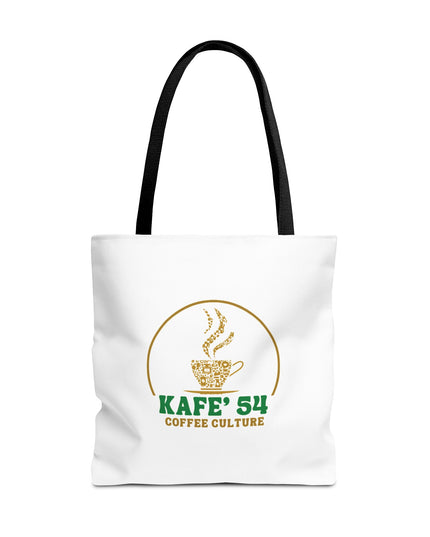 Coffee Culture Tote Bag - Elevating with coffee cup graphic and KAFE' 54 text on a white tote.