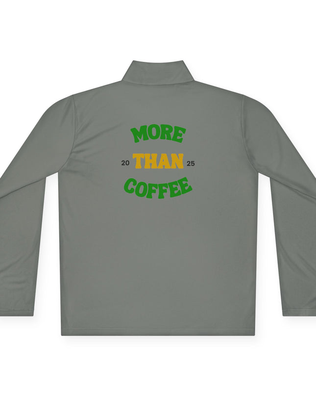 Quarter-Zip Pullover — K54 Logo and More Than Back Design showing the back with 'More Than Coffee' text.