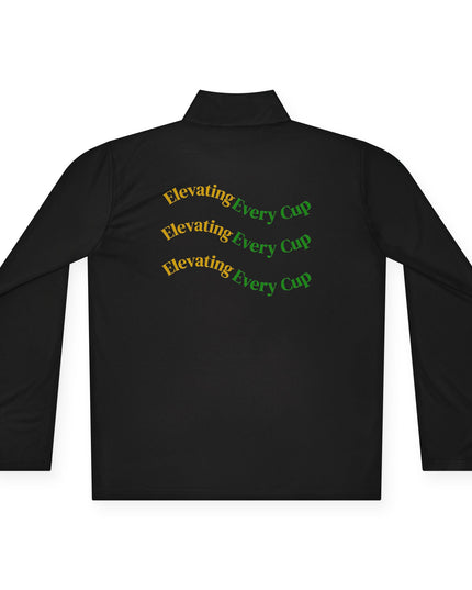 Quarter-Zip Pullover — K54 Logo & Elevating Back Design featuring 'Elevating Every Cup' text in vibrant colors.