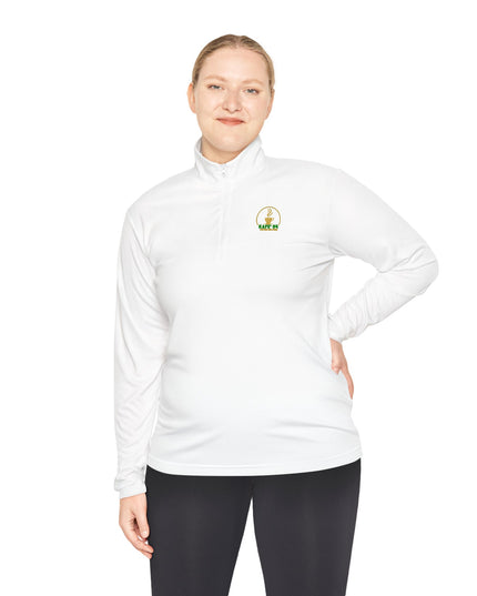 Quarter-Zip Pullover — K54 Logo and More Than Back Design in white, modeled by a smiling woman.