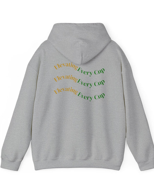 Coffee Culture Elevating Hooded Sweatshirt Pullover back view with colorful text design.