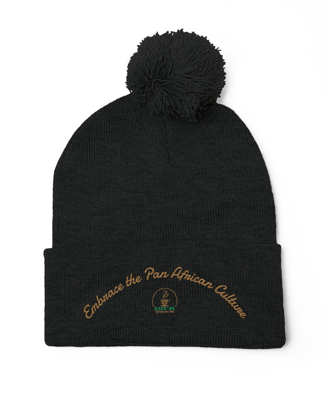 Embroidered Pom-Pom Knit Cap
