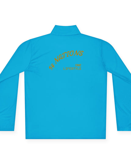 Quarter-Zip Pullover K54 Logo 54 Nations Back Design in vibrant blue with stylish graphics on the back.
