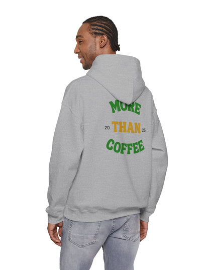 Man wearing Coffee Culture More Than Hooded Sweatshirt Pullover with vibrant graphic design on the back.