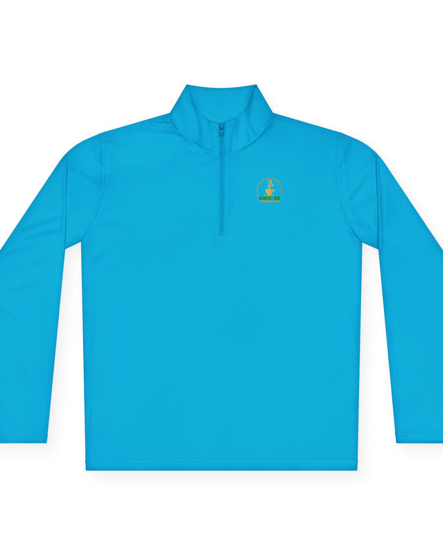 Quarter-Zip Pullover — K54 Logo & Elevating Back Design in bright blue color with logo detail.
