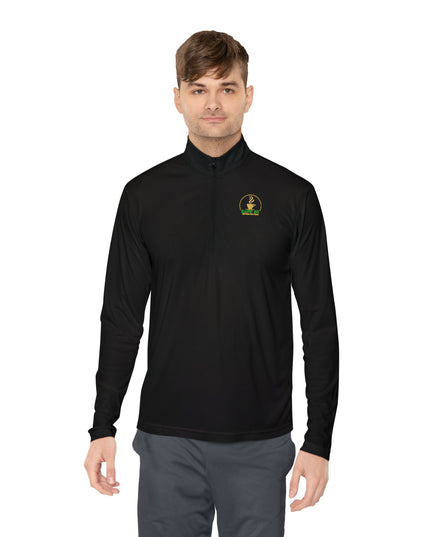Quarter-Zip Pullover — K54 Logo & Elevating Back Design worn by a man in a black long-sleeve shirt.