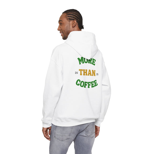 Back view of a man wearing Coffee Culture More Than Hooded Sweatshirt Pullover in white with colorful text.