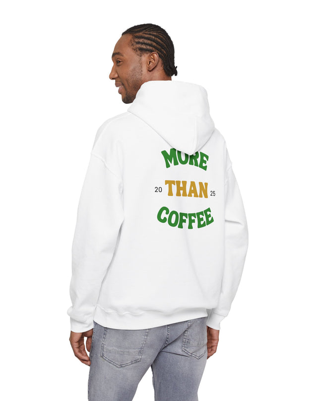 Back view of a man wearing Coffee Culture More Than Hooded Sweatshirt Pullover in white with colorful text.