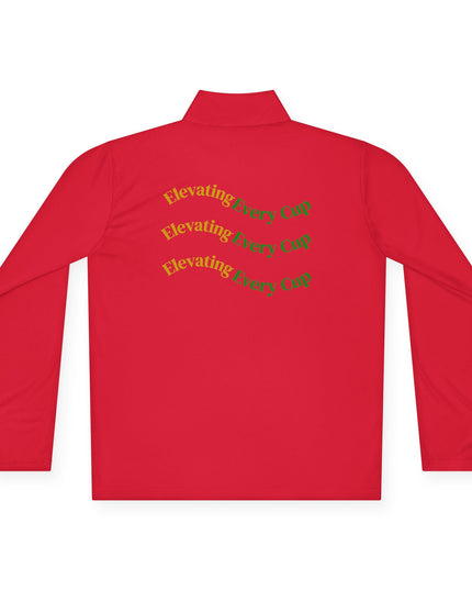 Quarter-Zip Pullover — K54 Logo & Elevating Back Design in red with Elevating Every Cup text on back.
