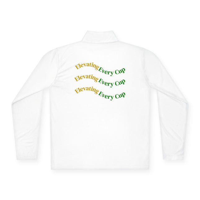 Quarter-Zip Pullover — K54 Logo & Elevating Back Design featuring 'Elevating Every Cup' text on the back.