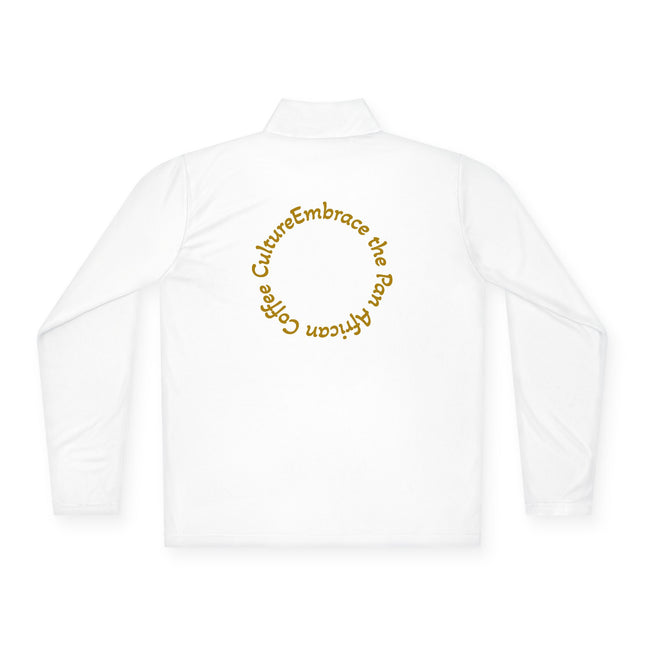 Quarter-Zip Pullover K54 Logo Embrace Back Design featuring a smooth white fabric and a unique back graphic.