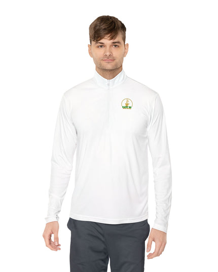 Quarter-Zip Pullover — K54 Logo and More Than Back Design worn by a model in white color