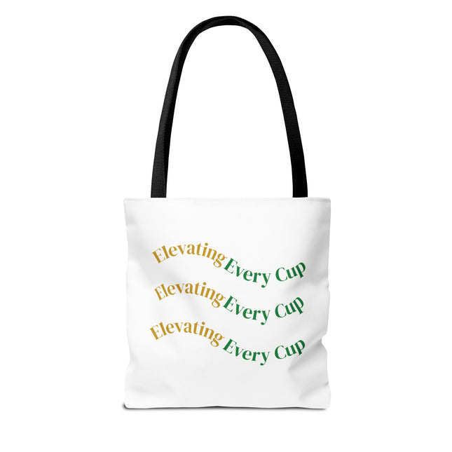 Coffee Culture Tote Bag - Elevating featuring text "Elevating Every Cup" in vibrant colors.