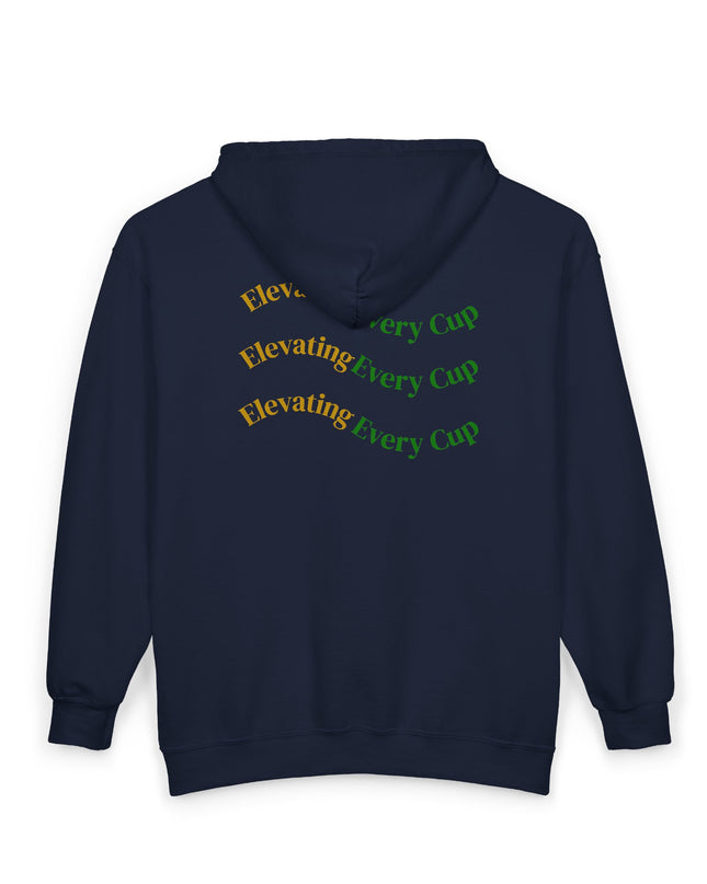 Coffee Culture Hoodie - Elevating Unisex Zip Sweatshirt back view with 'Elevating Every Cup' design in green and orange.