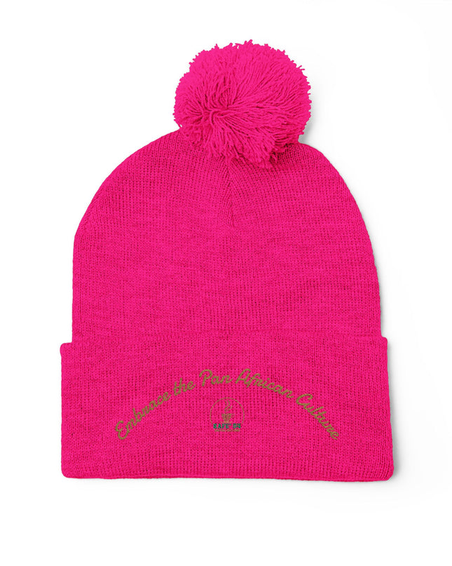 Embroidered Pom-Pom Knit Cap