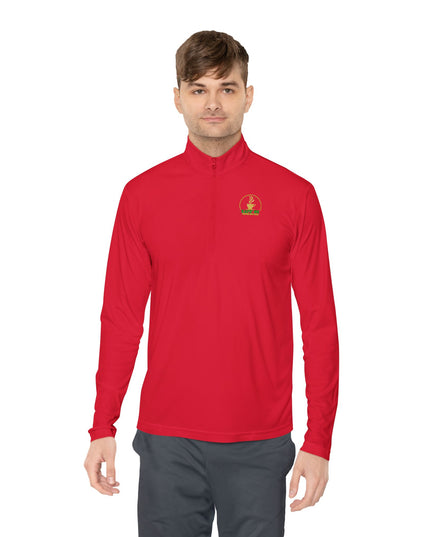 Quarter-Zip Pullover — K54 Logo & Elevating Back Design in red worn by a man.