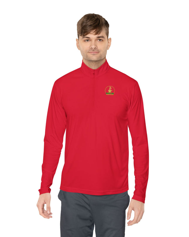 Quarter-Zip Pullover — K54 Logo & Elevating Back Design in red worn by a man.