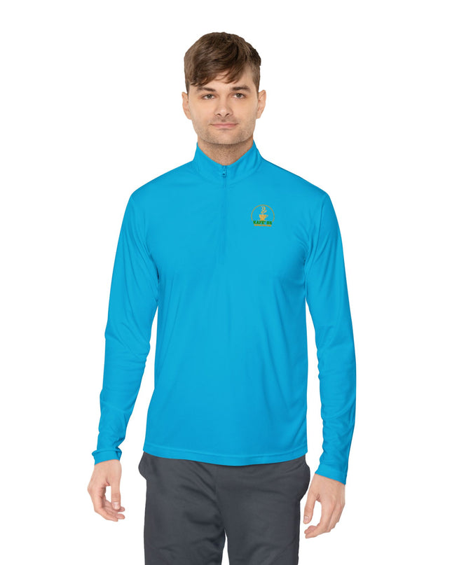 Quarter-Zip Pullover — K54 Logo & Elevating Back Design in vibrant blue worn by a man.