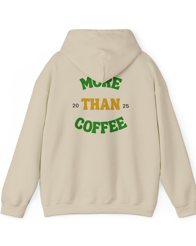 Coffee Culture More Than Hooded Sweatshirt Pullover in beige with vibrant green and yellow text design.