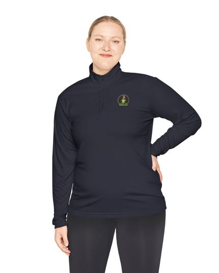 Quarter-Zip Pullover K54 Logo Embrace Back Design in navy worn by a model, featuring a cadet collar and subtle logo.