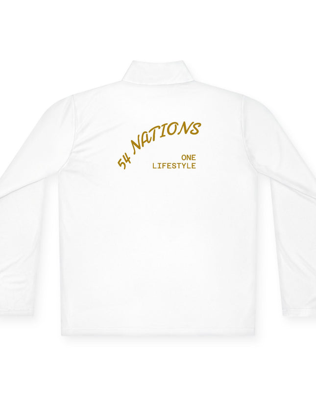 Quarter-Zip Pullover K54 Logo 54 Nations Back Design white pullover with '54 NATIONS ONE LIFESTYLE' printed on back.
